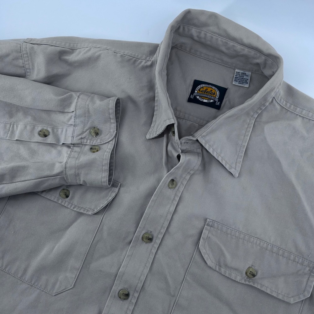 Cabelas Button Down Shirt Mens XXXL Khaki Long Sleeve Outdoor Cotton Canvas